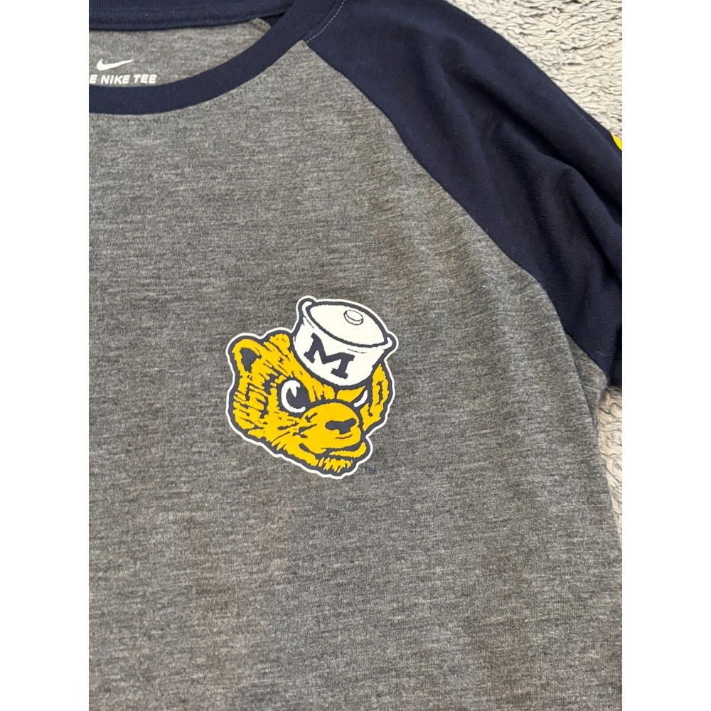 Nike Michigan Wolverines Shirt Womens Medium Gray Blue Raglan Dri-Fit Logo - Picture 2 of 6